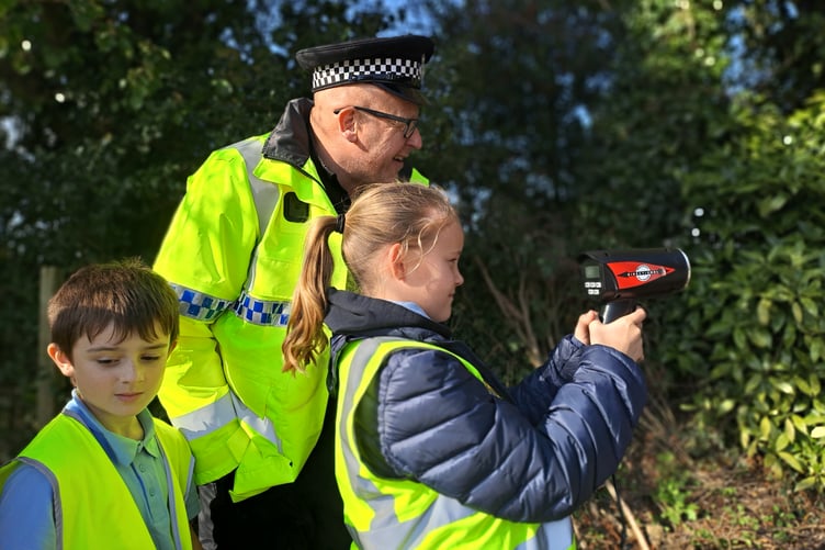 Students at Holsworthy Primary School learning about the use of handheld speed cameras. (Picture: Holsworthy Primary School)